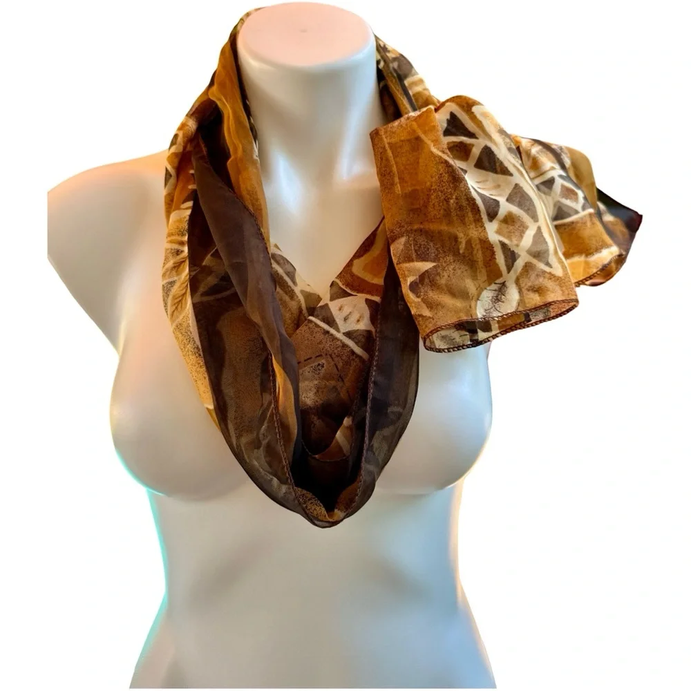 Vintage City Silk Company Chiffon Brown Tan Geometric Scarf 18x60